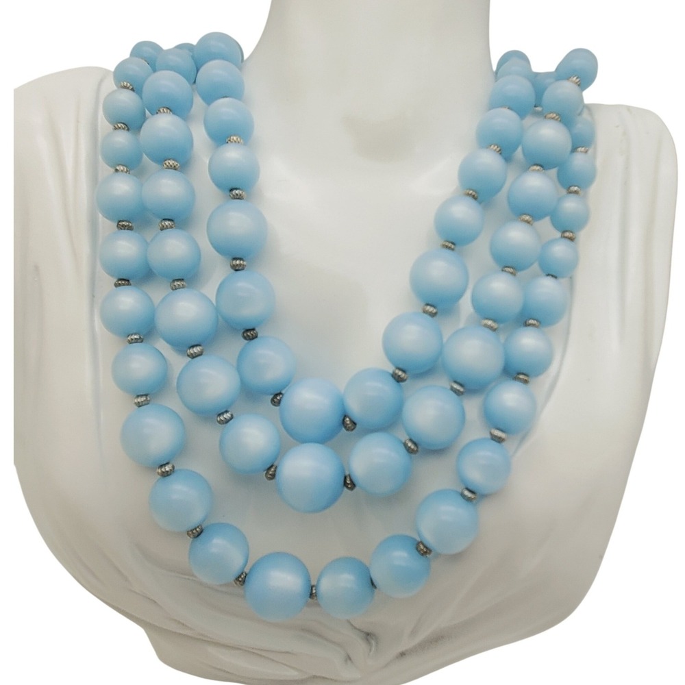 Sky Blue Beaded Acrylic Necklace Triple Strand Graduated Silver Tone Layered Vtg